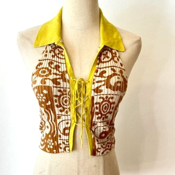 Urban Outfitters Knit Lace Up Halter Top Yellow Brown Retro Boho Hippie - Picture 1 of 7